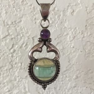 Rare Two Toned Apatite and Amethyst Silver Pendant